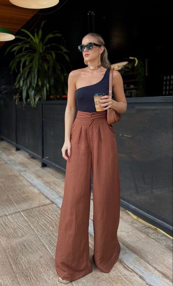 Brown Pants and One-Shoulder Black Top